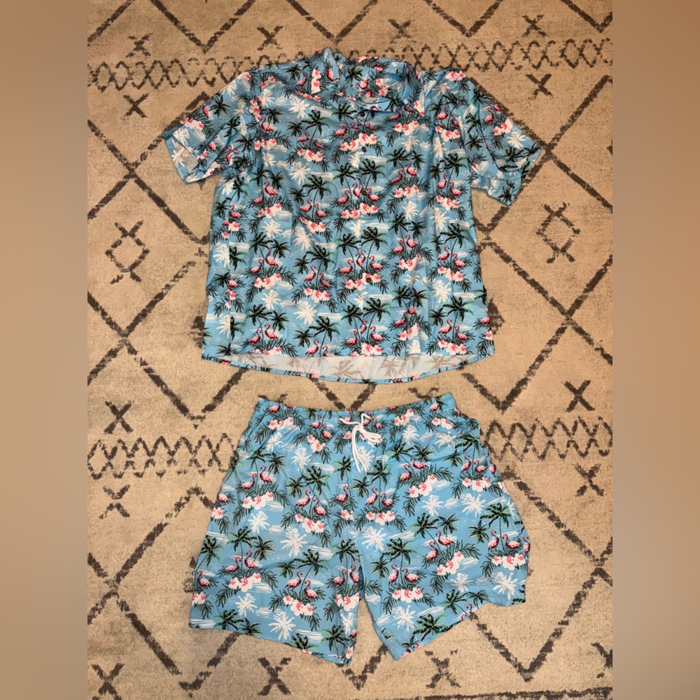 Blue flamingo button up and swim trunks set, size 2XL